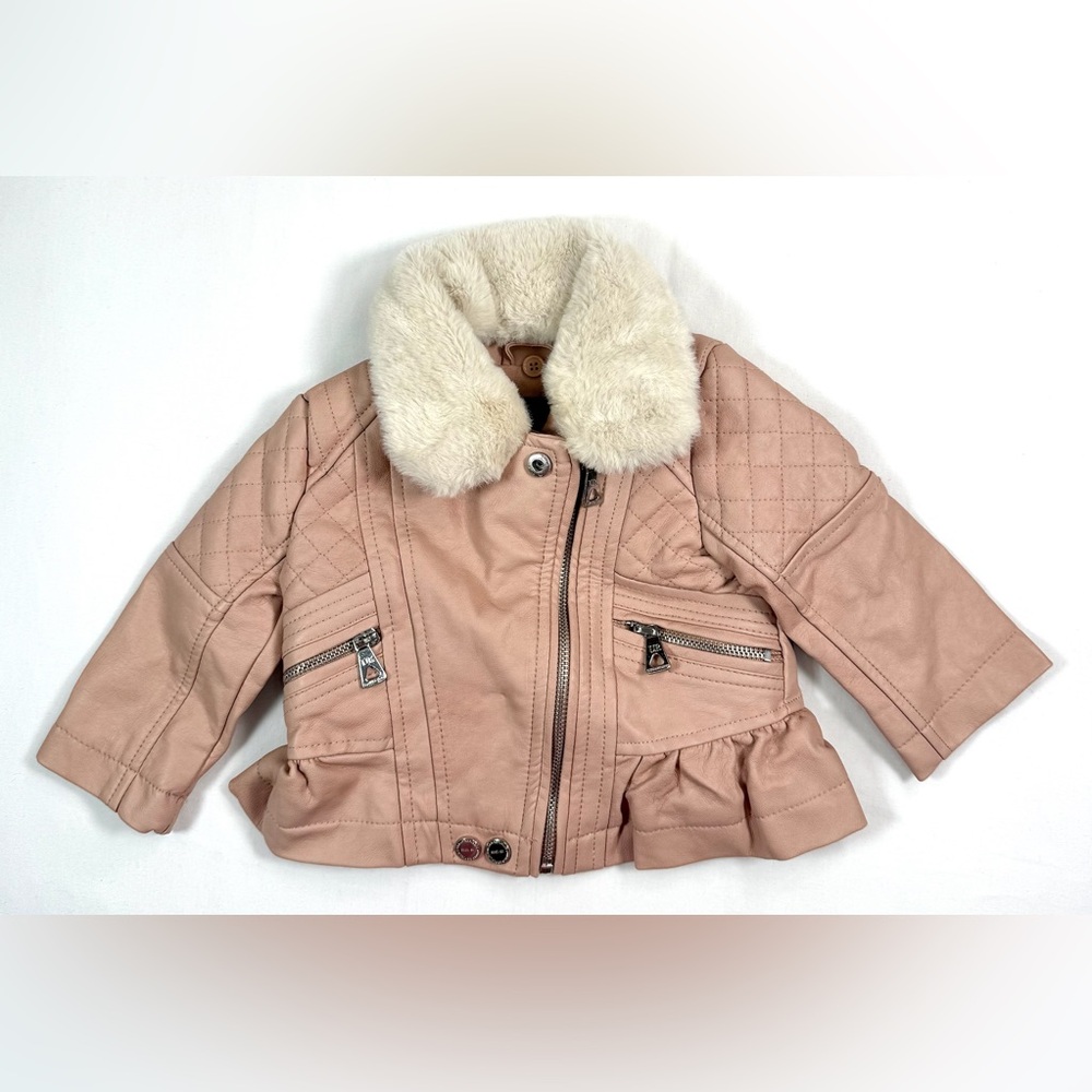 URBAN REPUBLIC Baby Girls' Faux Leather Ruffle Fleece Collar‎ Moto Jacket 12M